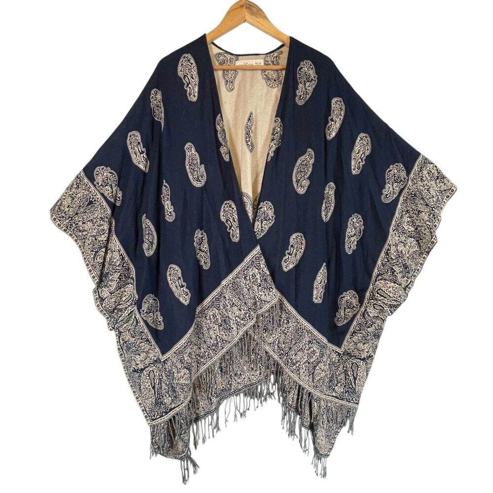 Abercrombie & Fitch ONE SIZE Bohemian Boho Paisley Shawl Wrap Tassel A&F Navy
